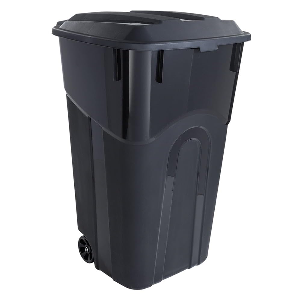 32 Gallon Black Plastic Garbage Can with Attached Lid B249349