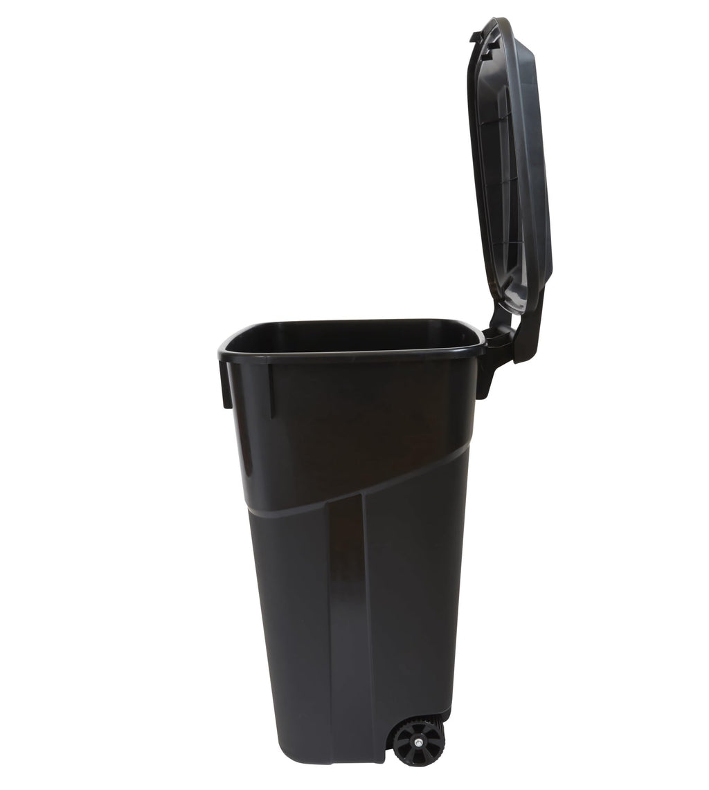 32 Gallon Black Plastic Garbage Can with Attached Lid B249349