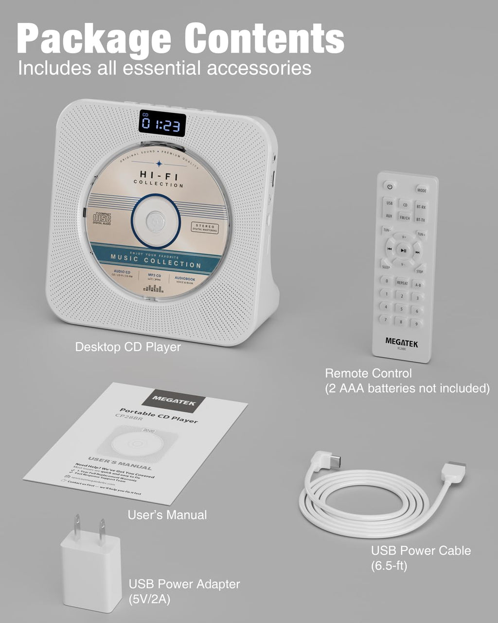 Portable CD Player with Bluetooth FM Radio USB White B87775