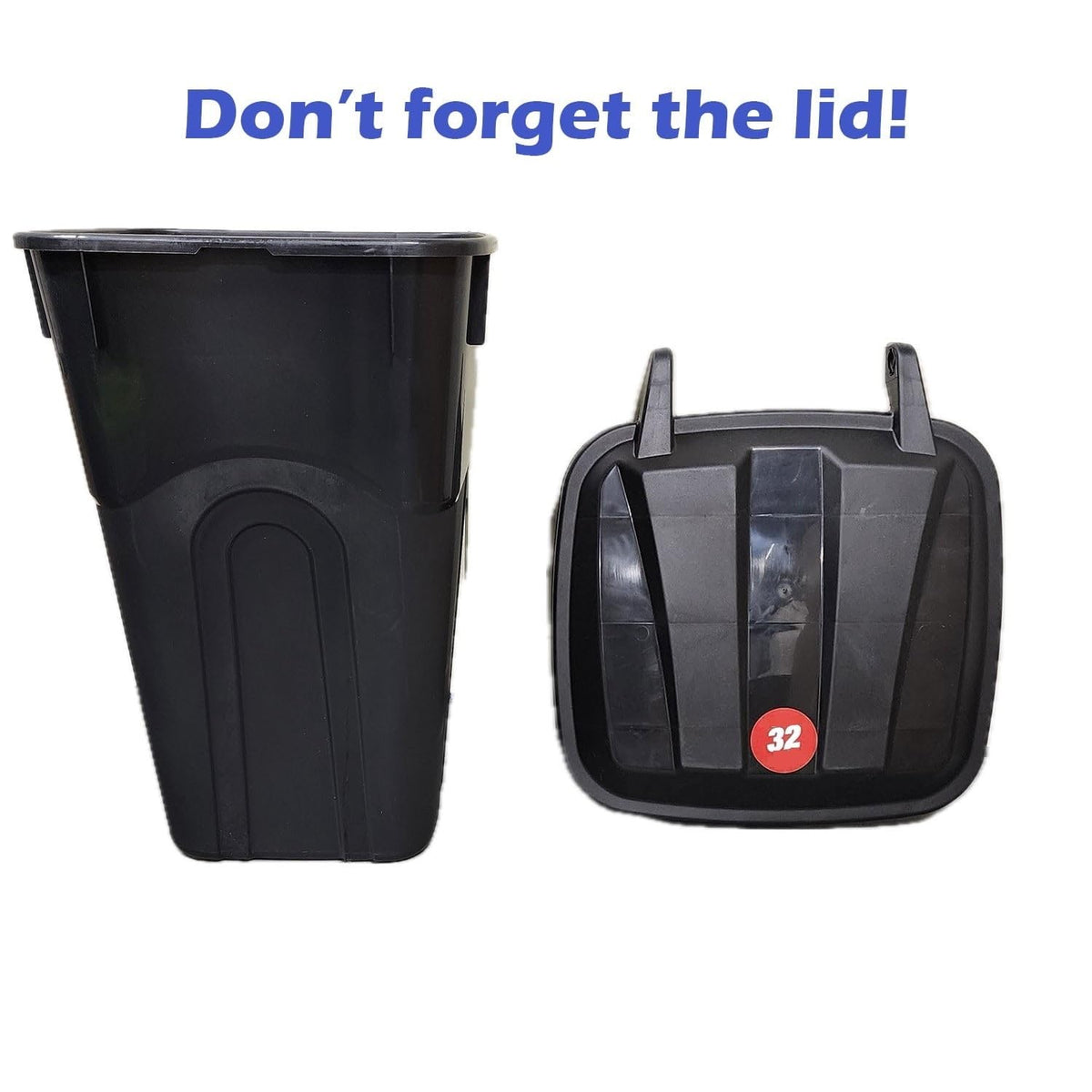 32 Gallon Black Plastic Garbage Can with Attached Lid B249349