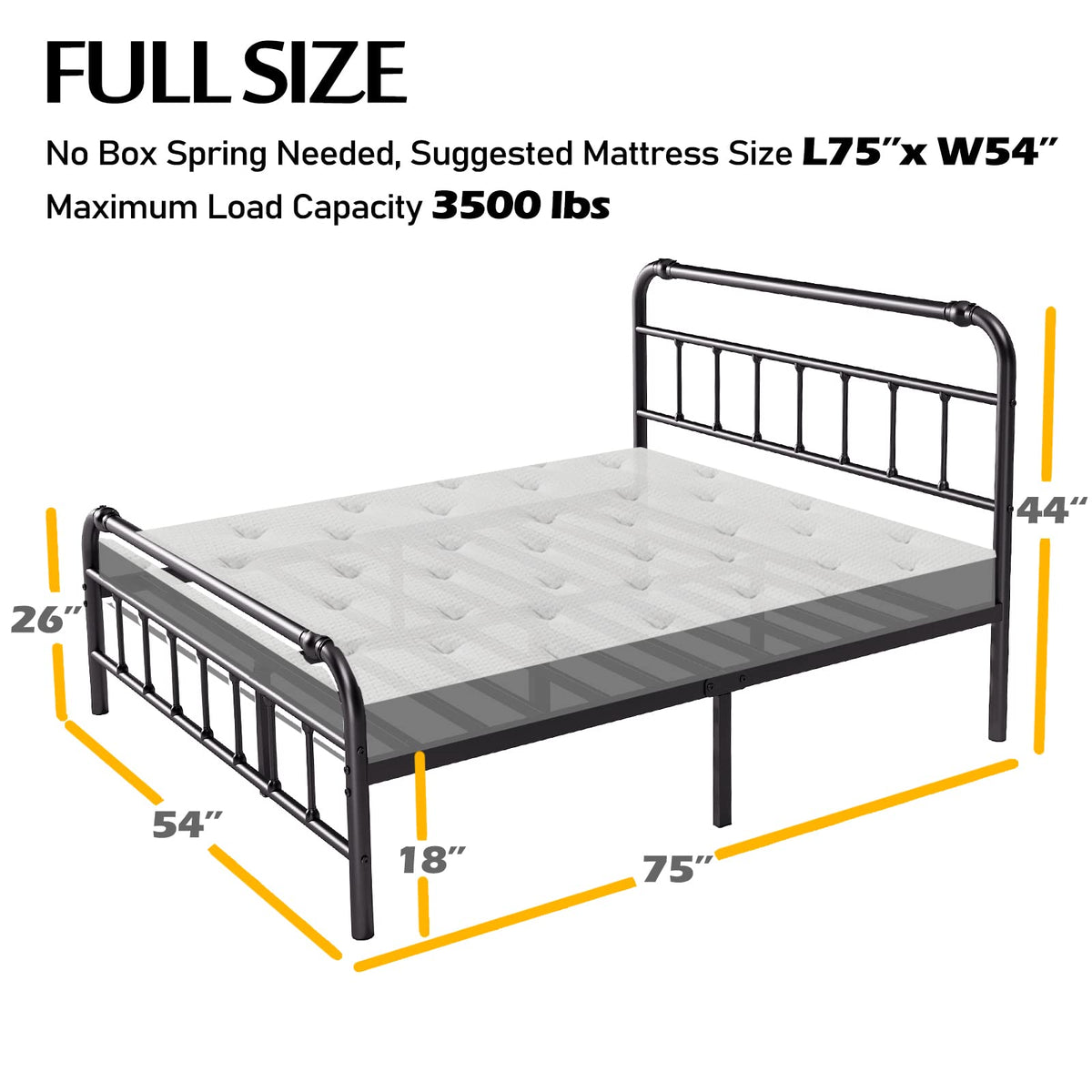 Full Size Metal Bed Frame with Iron Headboard Y175267