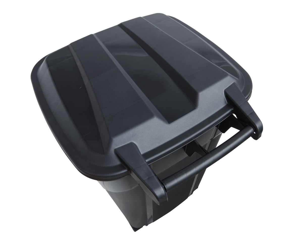 32 Gallon Black Plastic Garbage Can with Attached Lid B249349