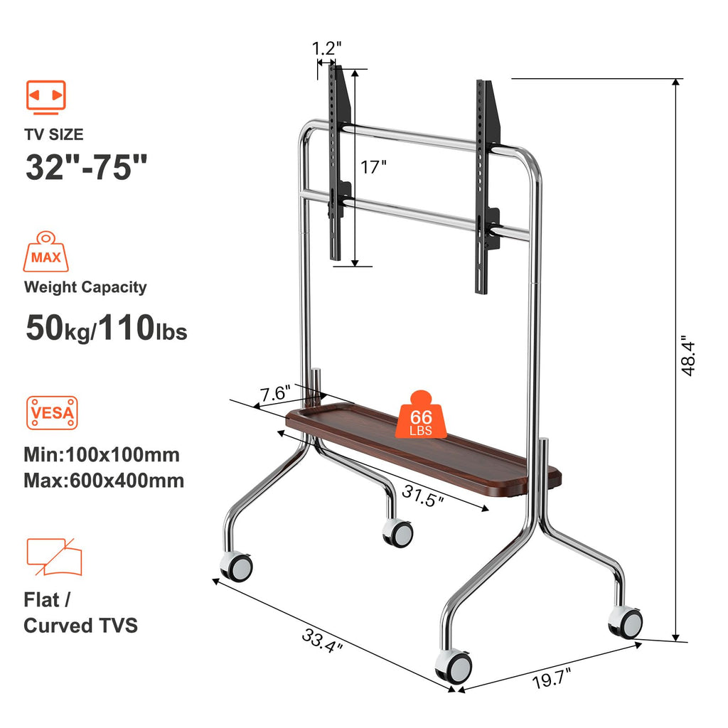 Rolling TV Stand for 32-75" TVs with Shelf O207964