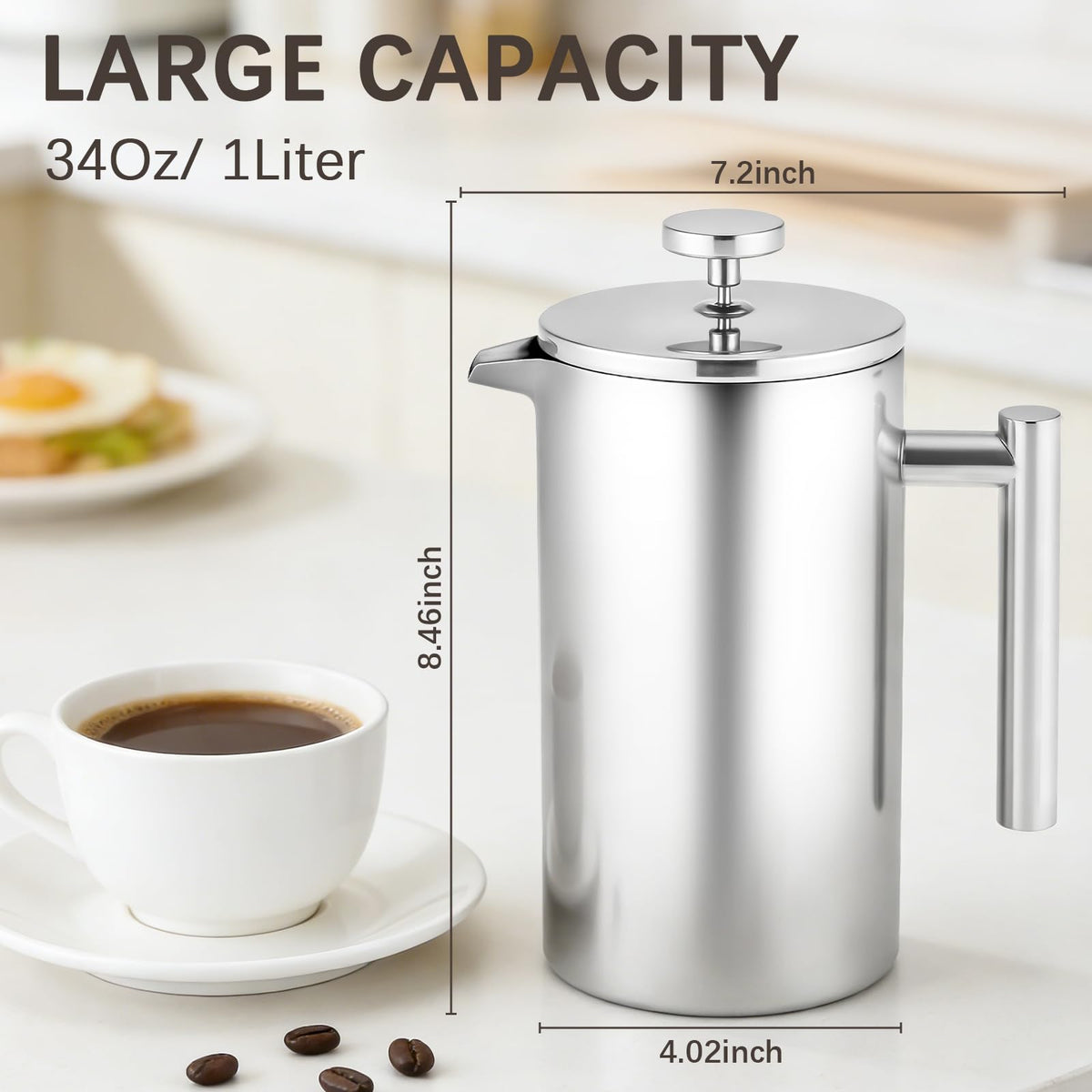 34OZ Stainless Steel French Press Coffee Maker with 2 Extra Filters P81707