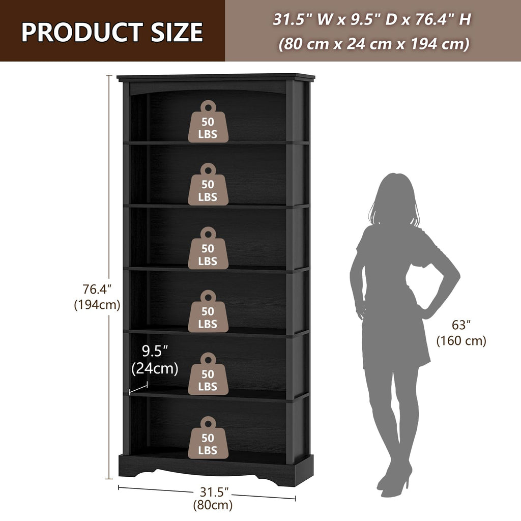6-Tier 76 Inch Tall Black Wooden Bookshelf W819522