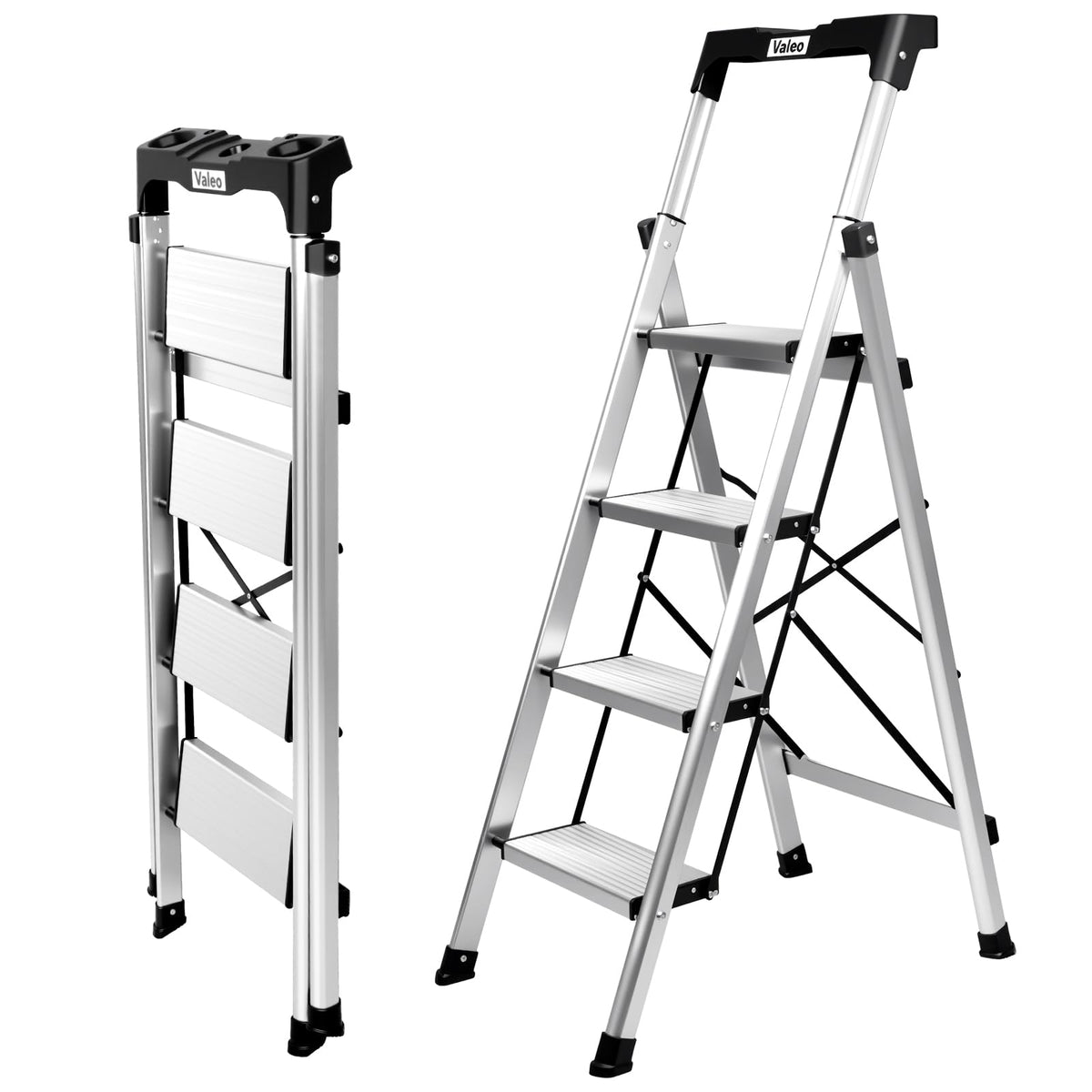 Aluminium 4 Step Ladder with Retractable Handgrip, 330 lbs Capacity, Silver S31837