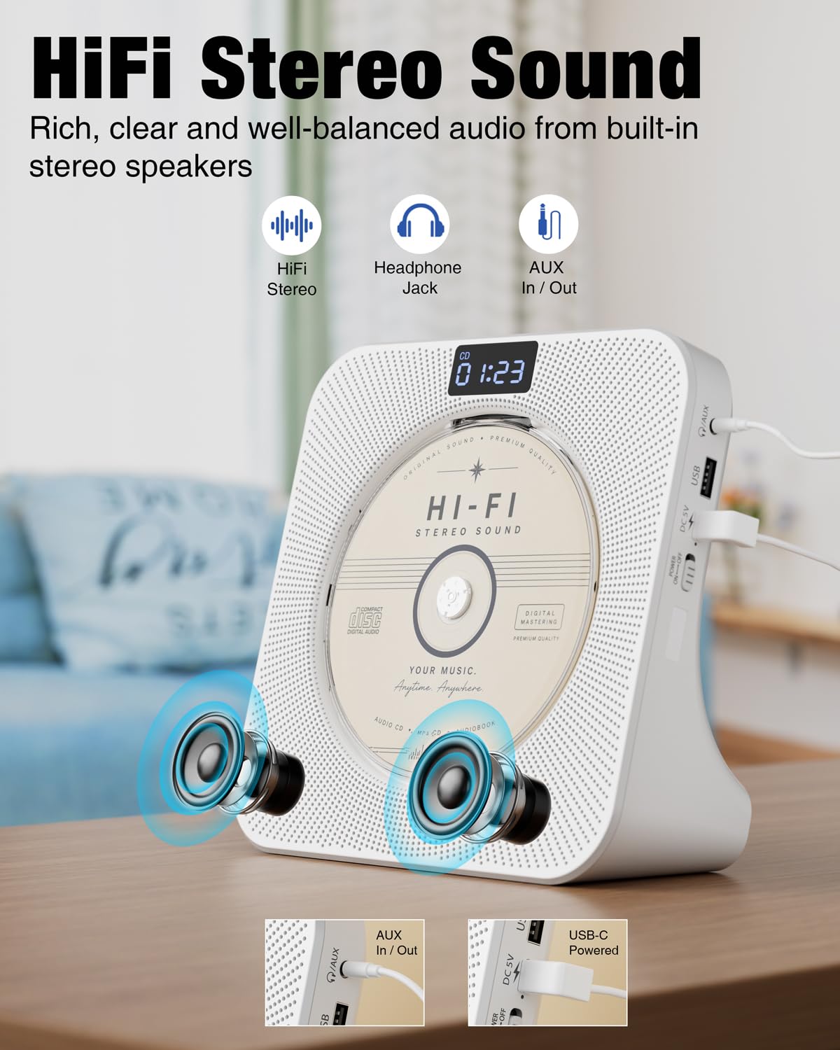 Portable CD Player with Bluetooth FM Radio USB White B87775