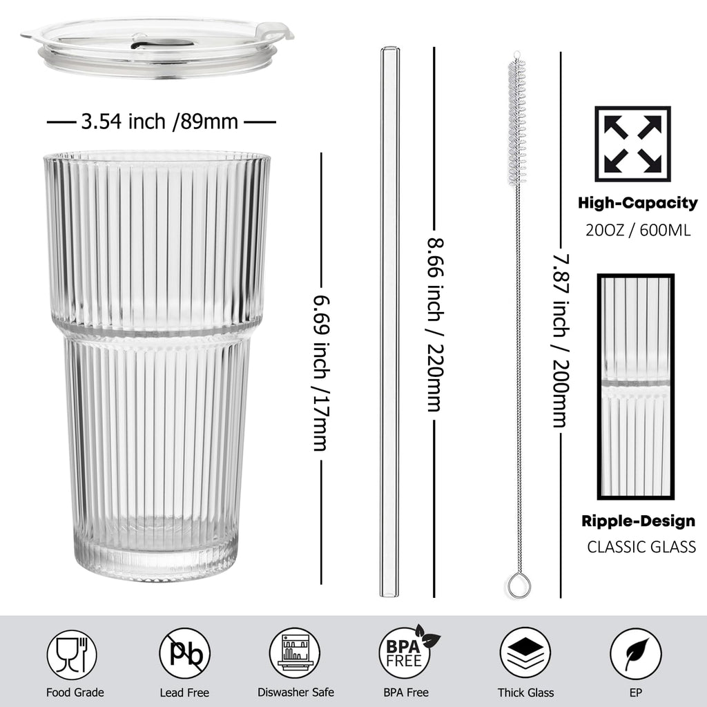 20 oz Ribbed Glass Tumbler with Lids and Straws, Pack of 2 X288