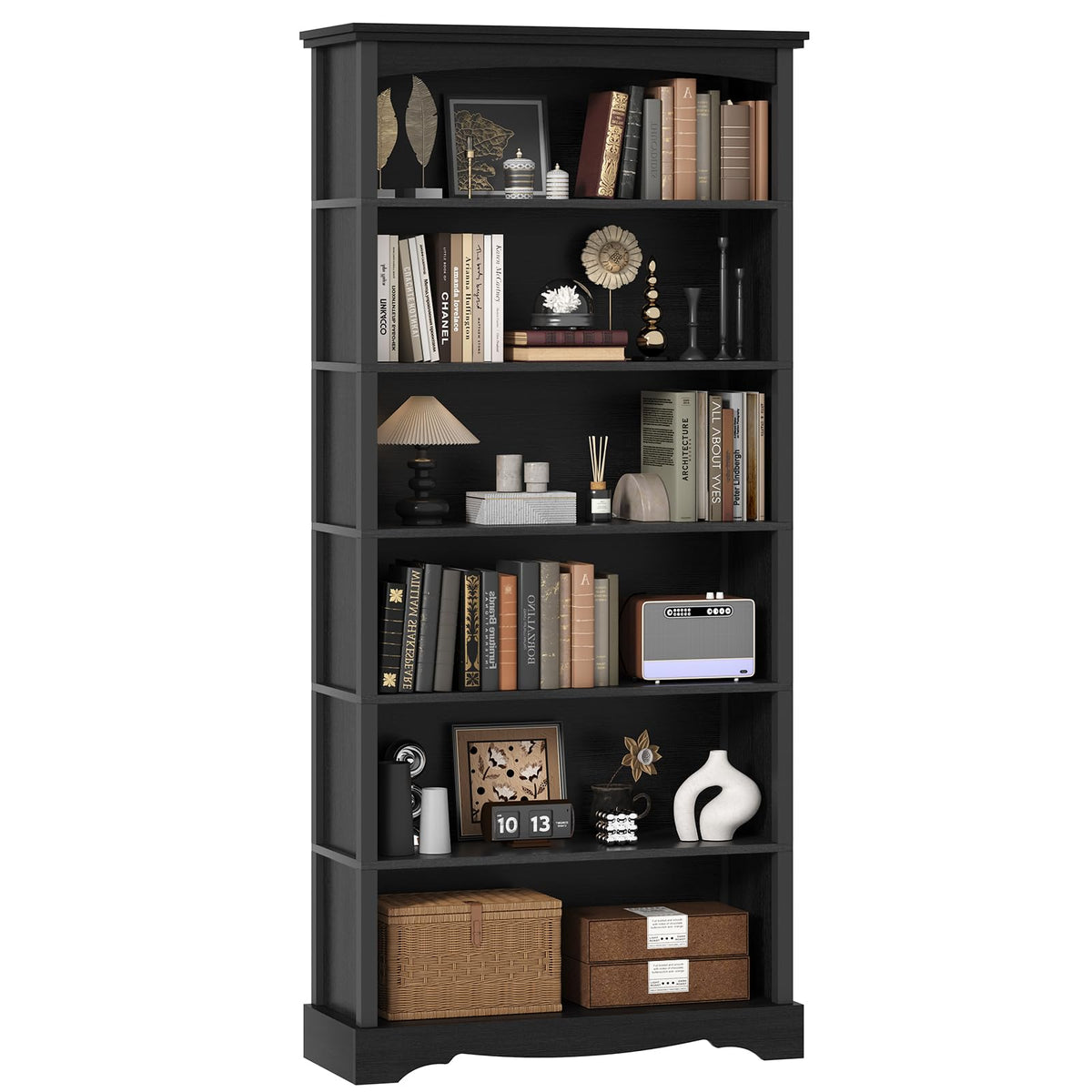6-Tier 76 Inch Tall Black Wooden Bookshelf W819522