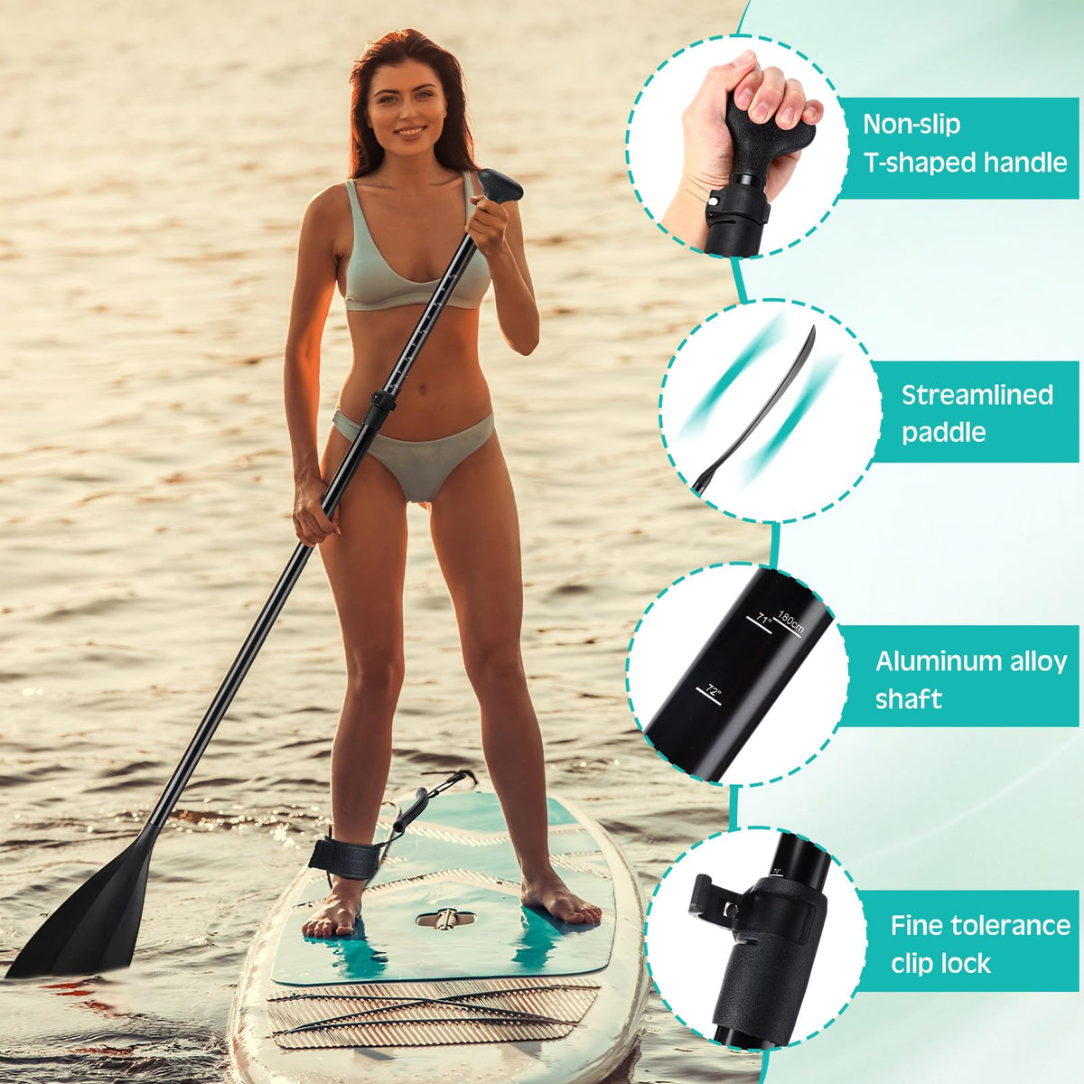 3 Pieces Paddle Board Paddle with Leash Detachable Aluminum Alloy Shaft P9547