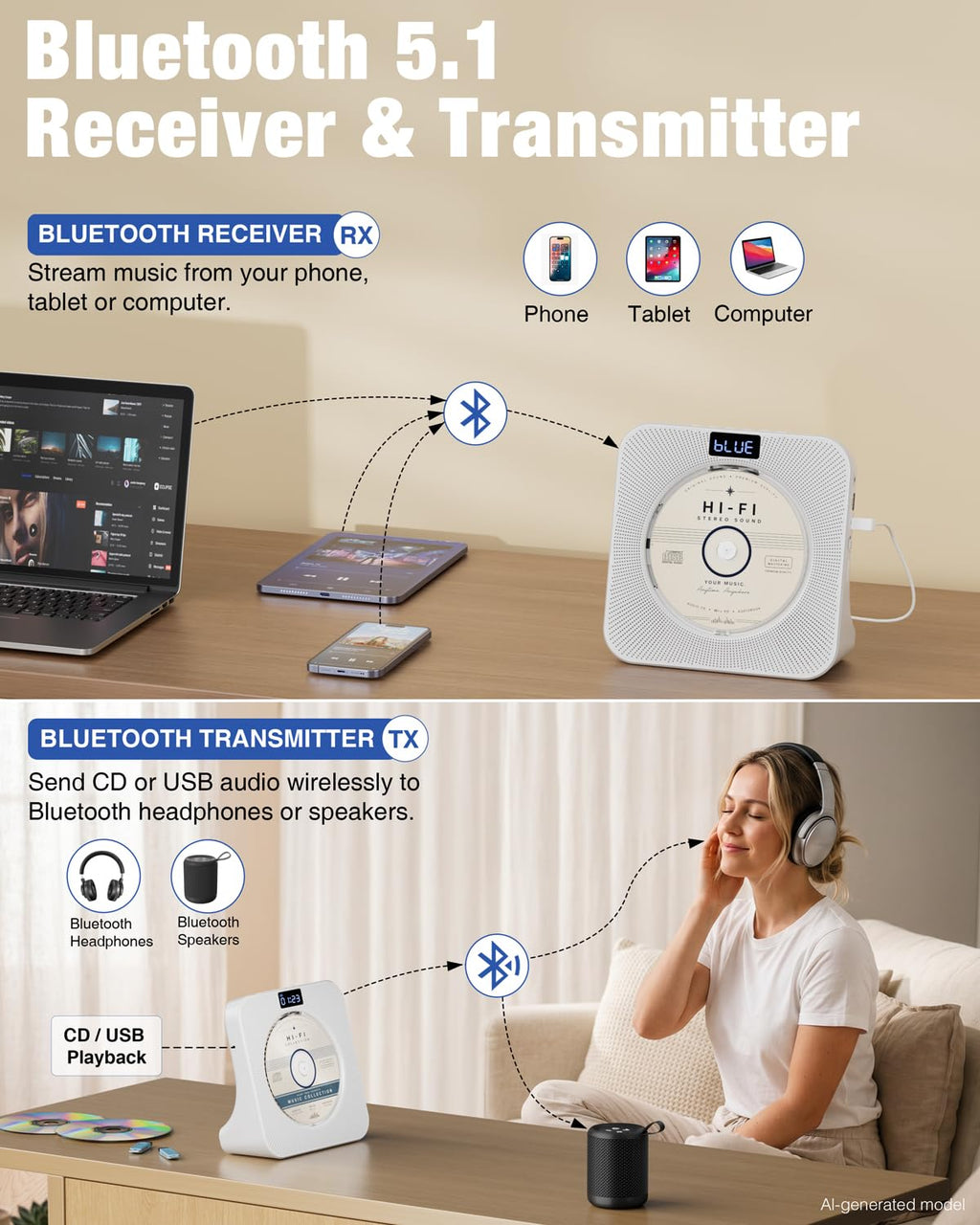 Portable CD Player with Bluetooth FM Radio USB White B87775