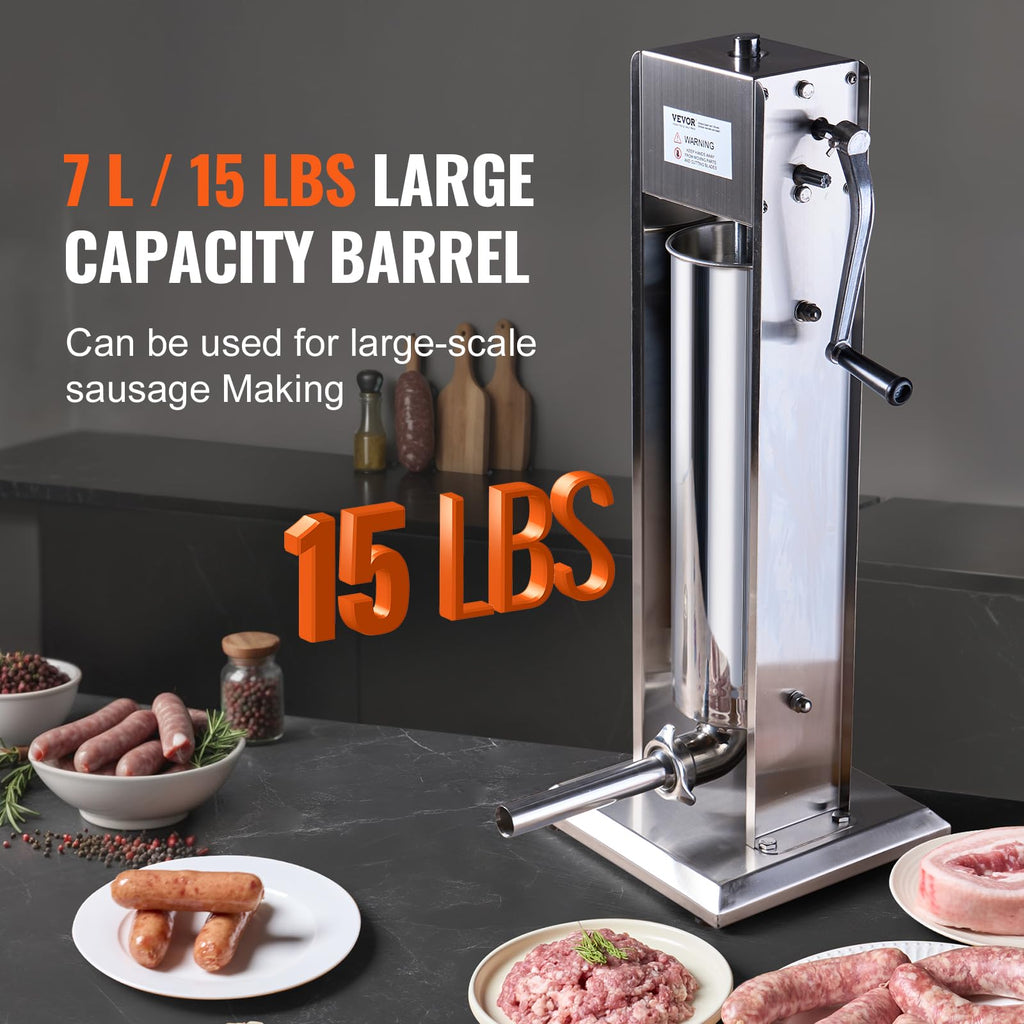 7 L Stainless Steel Manual Sausage Stuffer with 5 Stuffing Tubes O342043