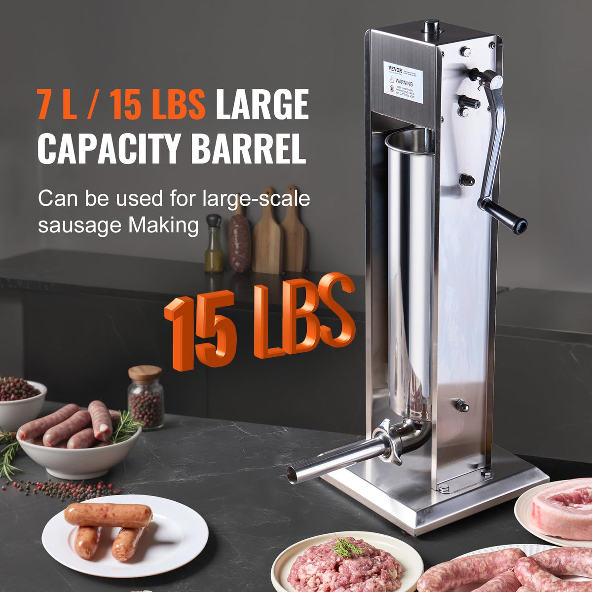 7 L Stainless Steel Manual Sausage Stuffer with 5 Stuffing Tubes O342043