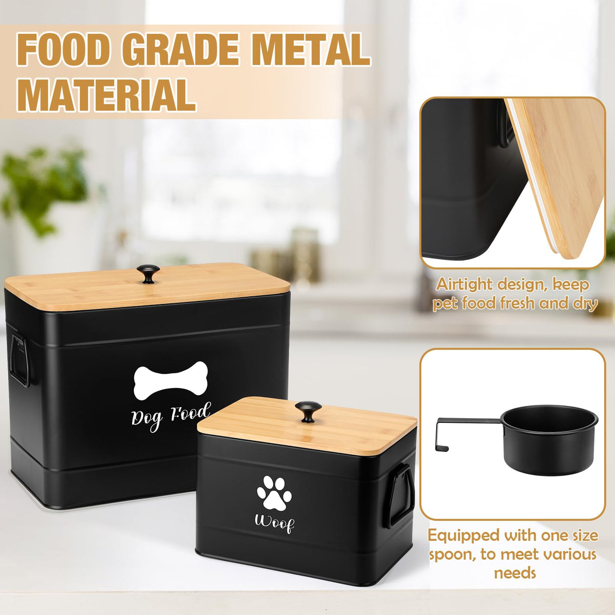 2Pcs Extra Large Metal Dog Food Containers Airtight Black I933482