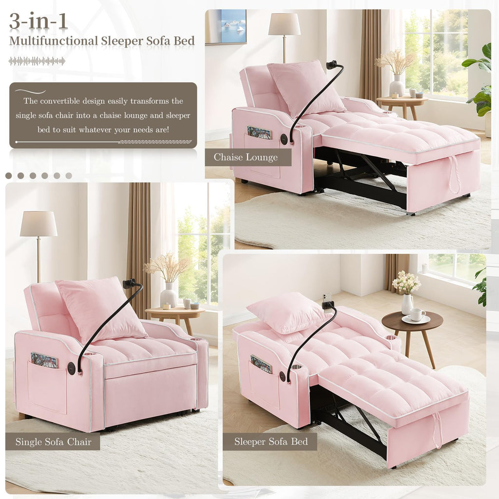 Pink Velvet Convertible Sleeper Chair Bed L7842