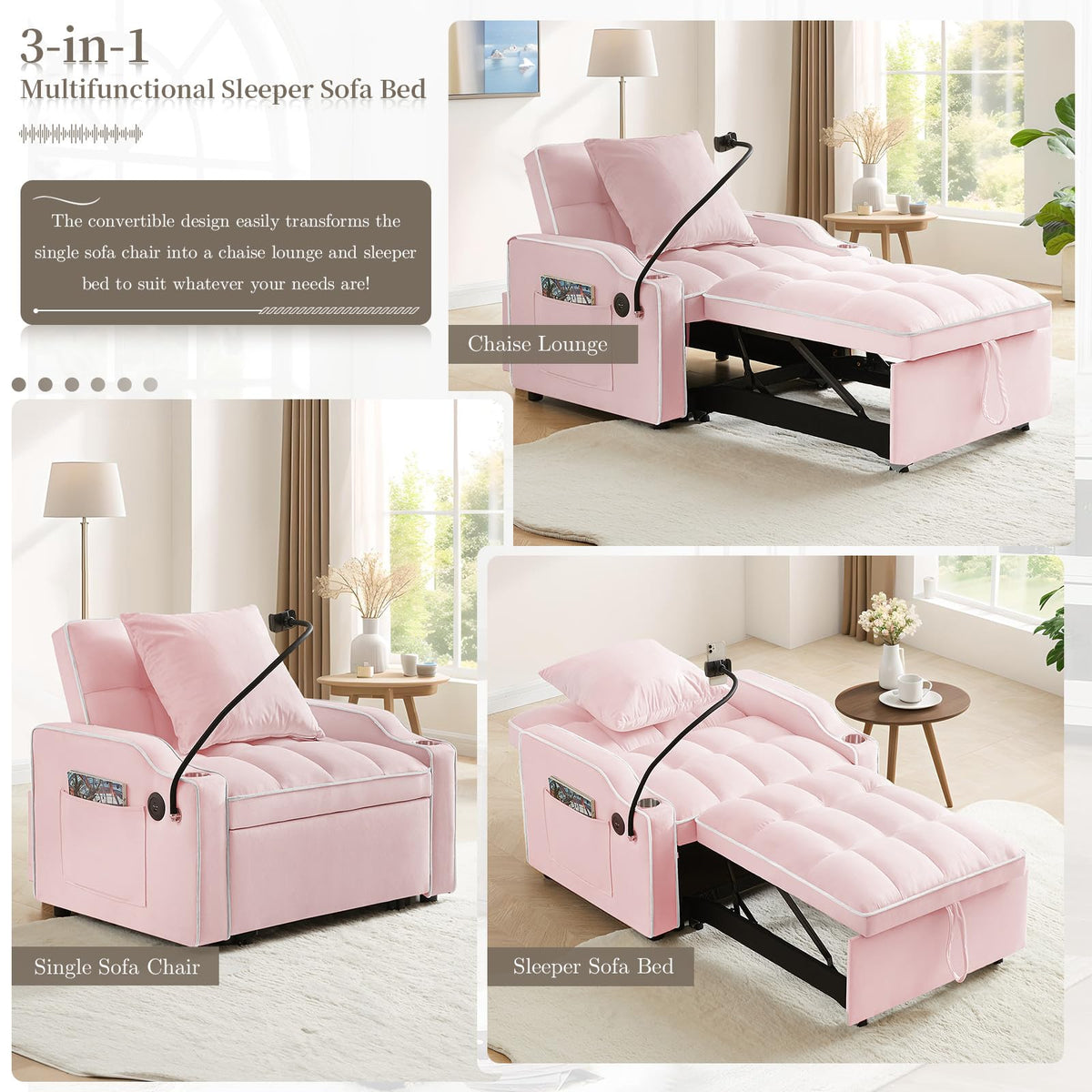 Pink Velvet Convertible Sleeper Chair Bed L7842