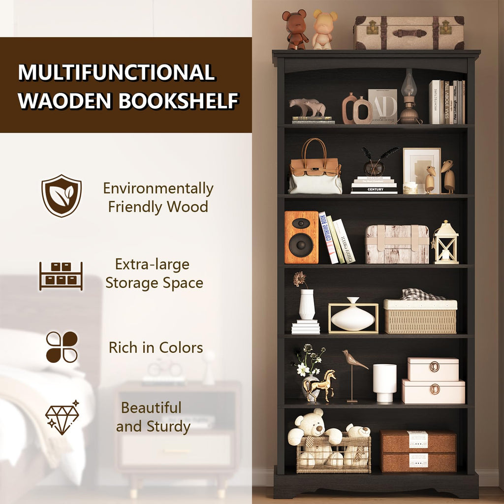 6-Tier 76 Inch Tall Black Wooden Bookshelf W819522