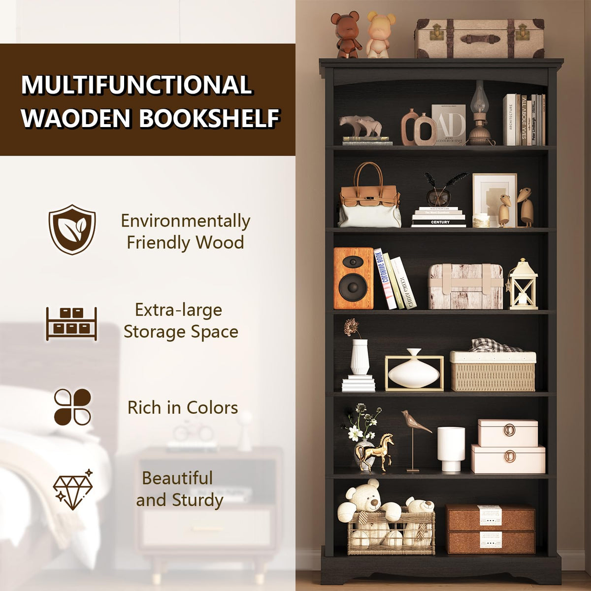 6-Tier 76 Inch Tall Black Wooden Bookshelf W819522