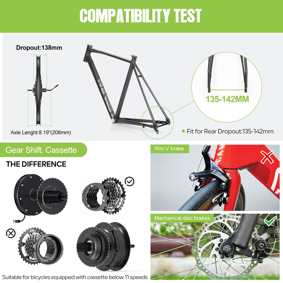 48V 1000W Electric Bike Conversion Kit Rear Wheel Hub Motor V113334