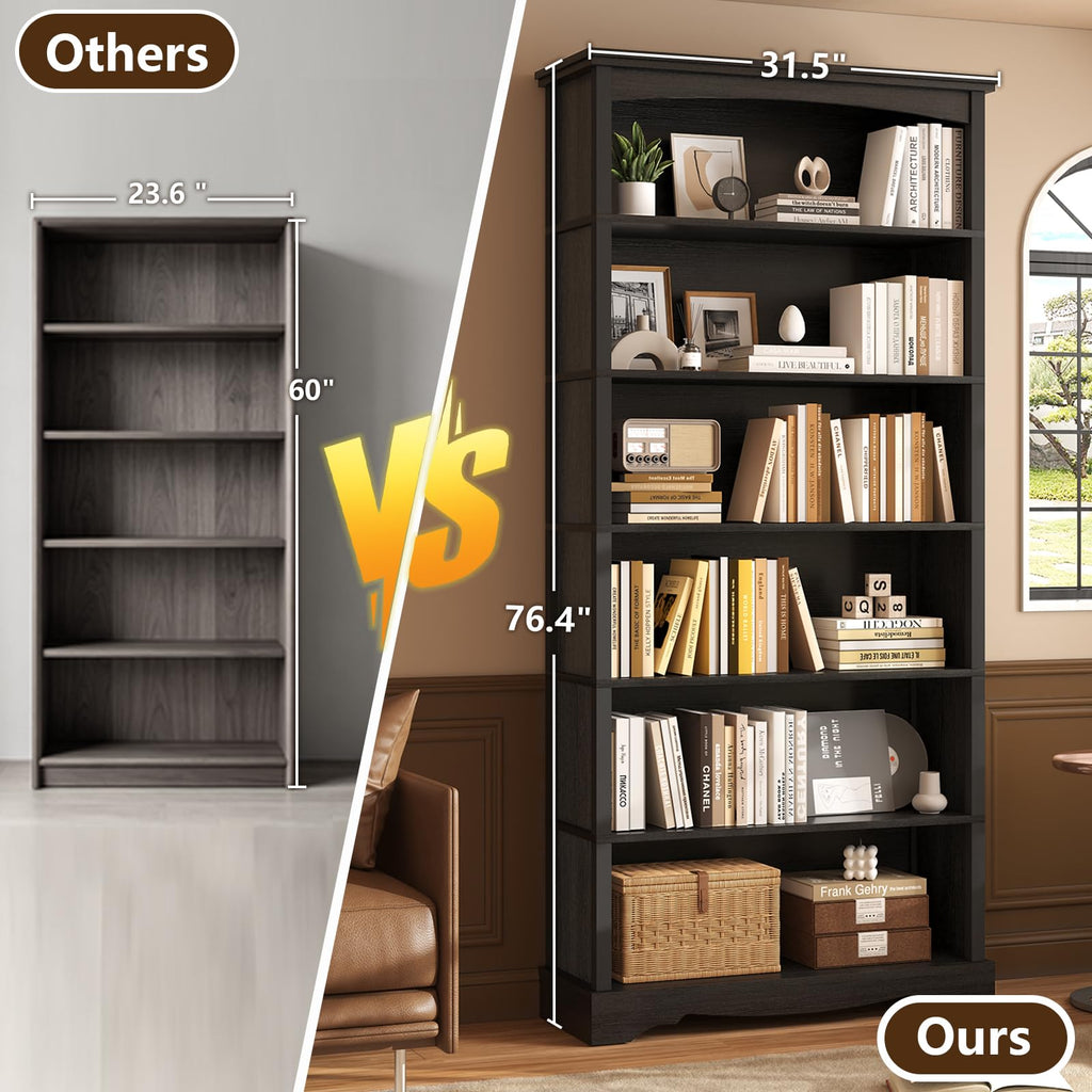 6-Tier 76 Inch Tall Black Wooden Bookshelf W819522