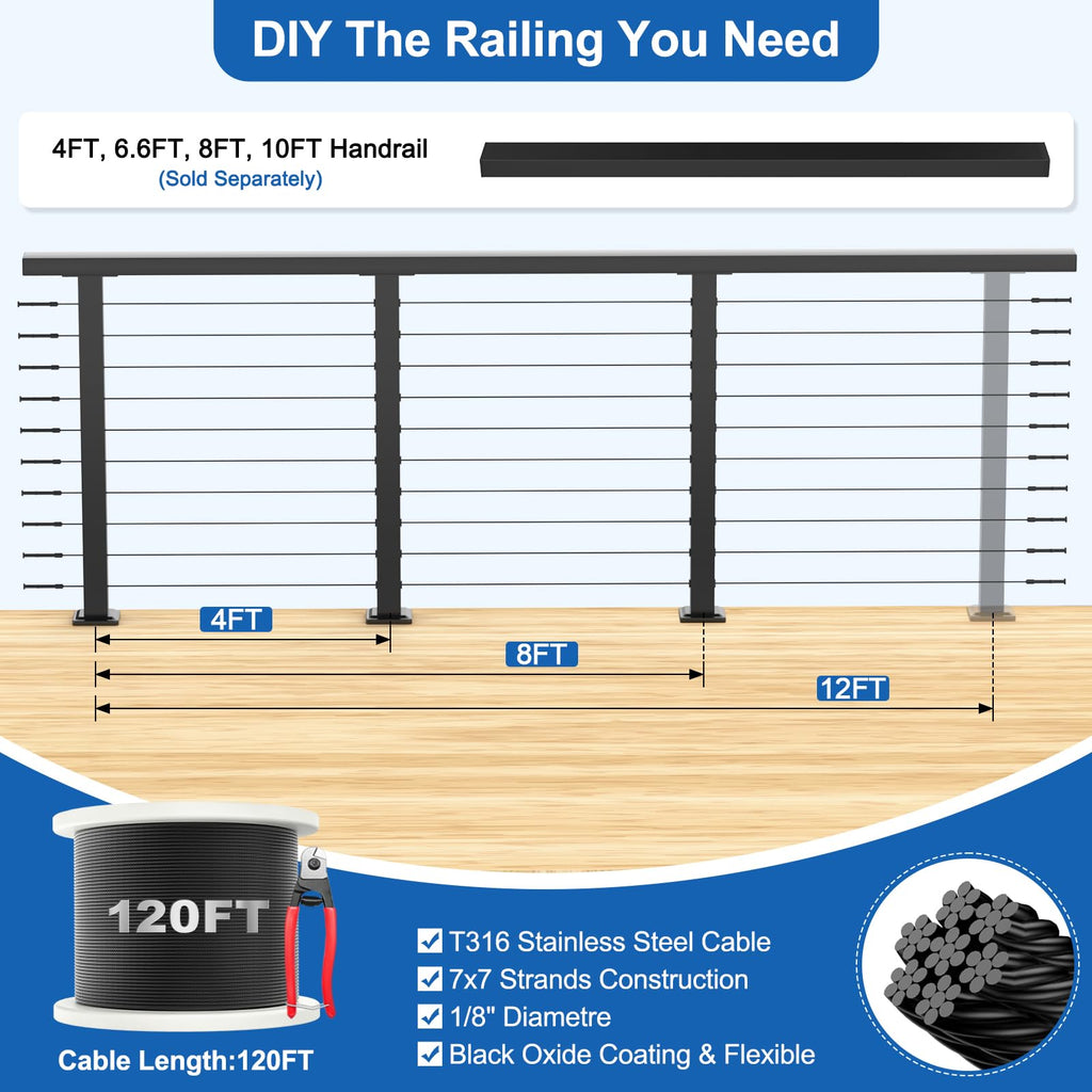 36" Cable Railing Kit with 3 Stainless Steel Black Posts M65755