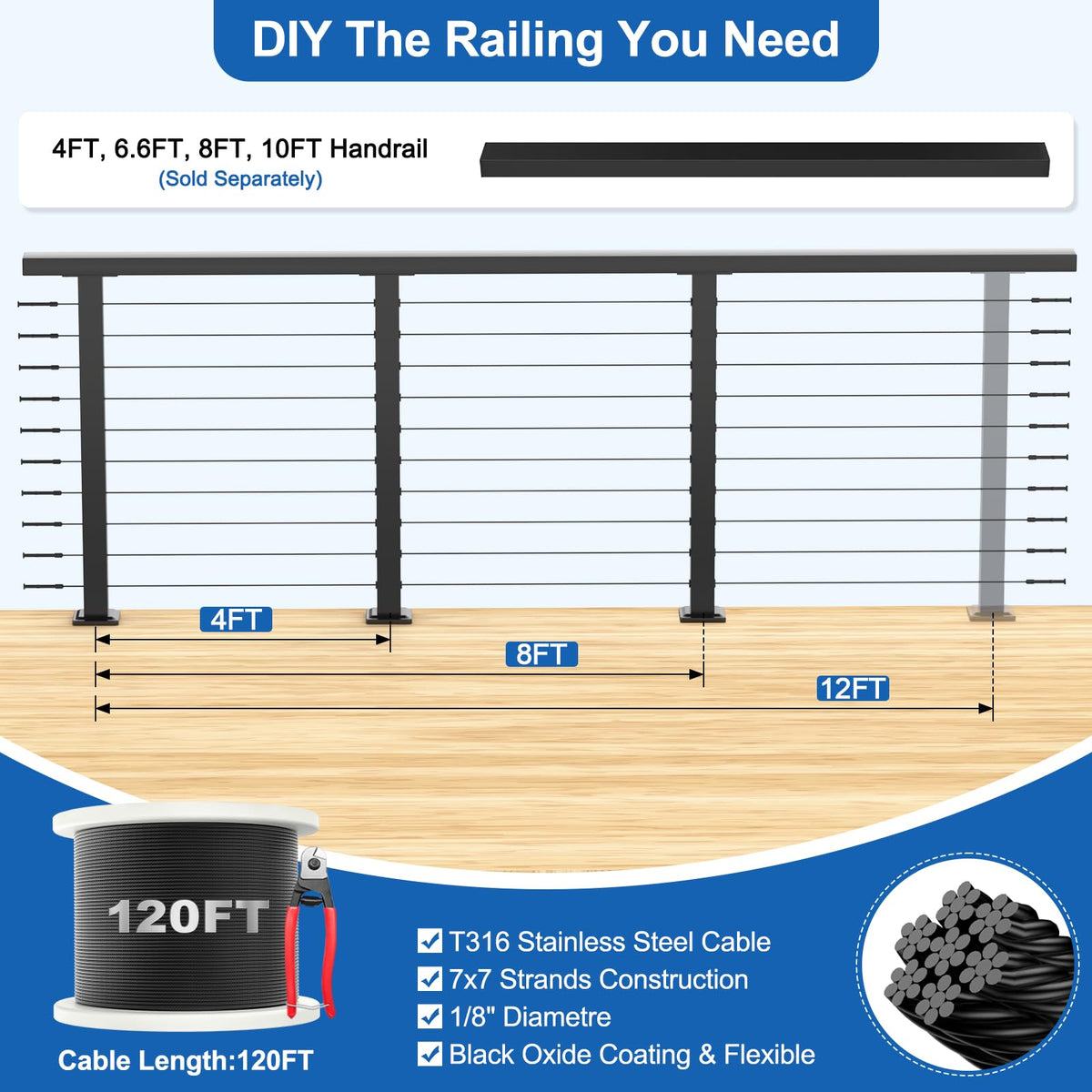 36" Cable Railing Kit with 3 Stainless Steel Black Posts M65755