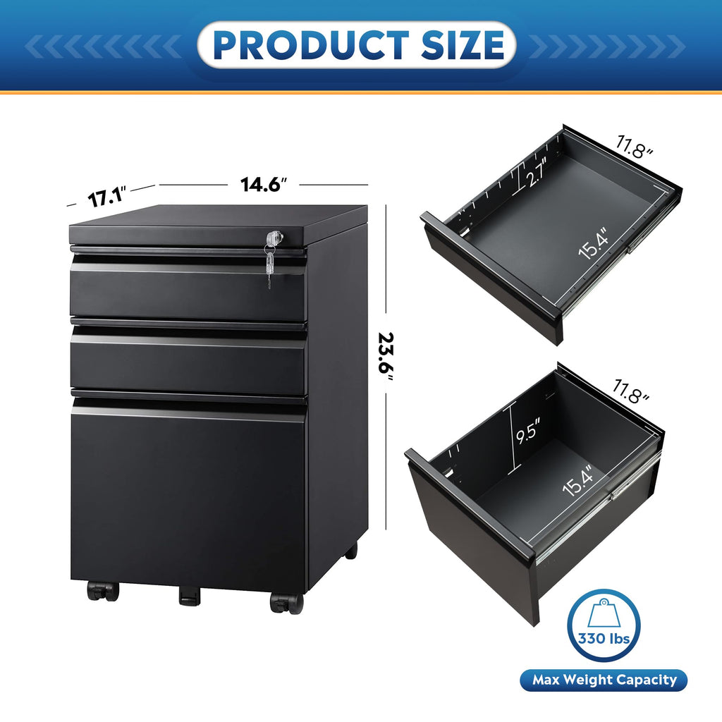 3 Drawer Mobile File Cabinet with Lock, Black G17219