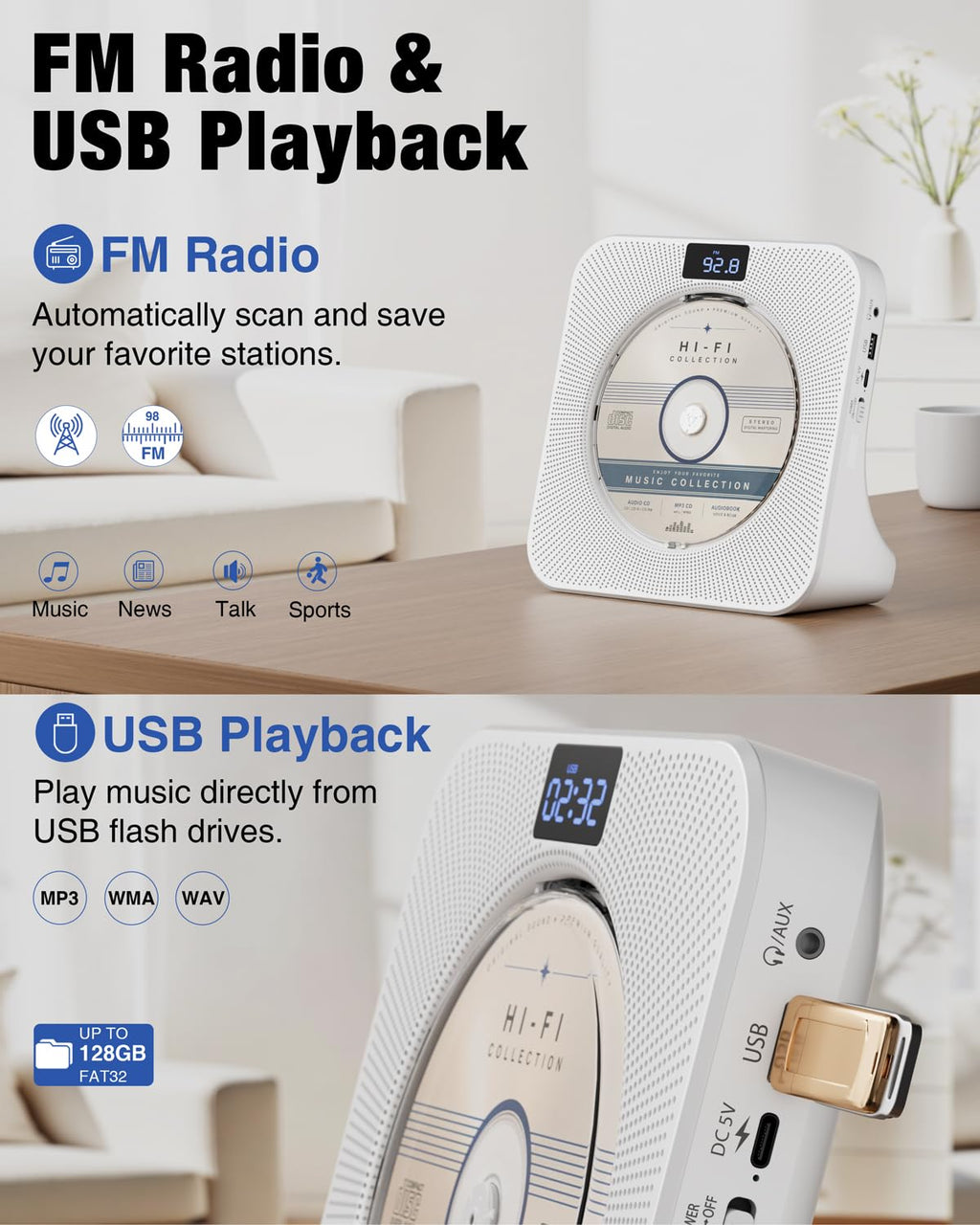 Portable CD Player with Bluetooth FM Radio USB White B87775