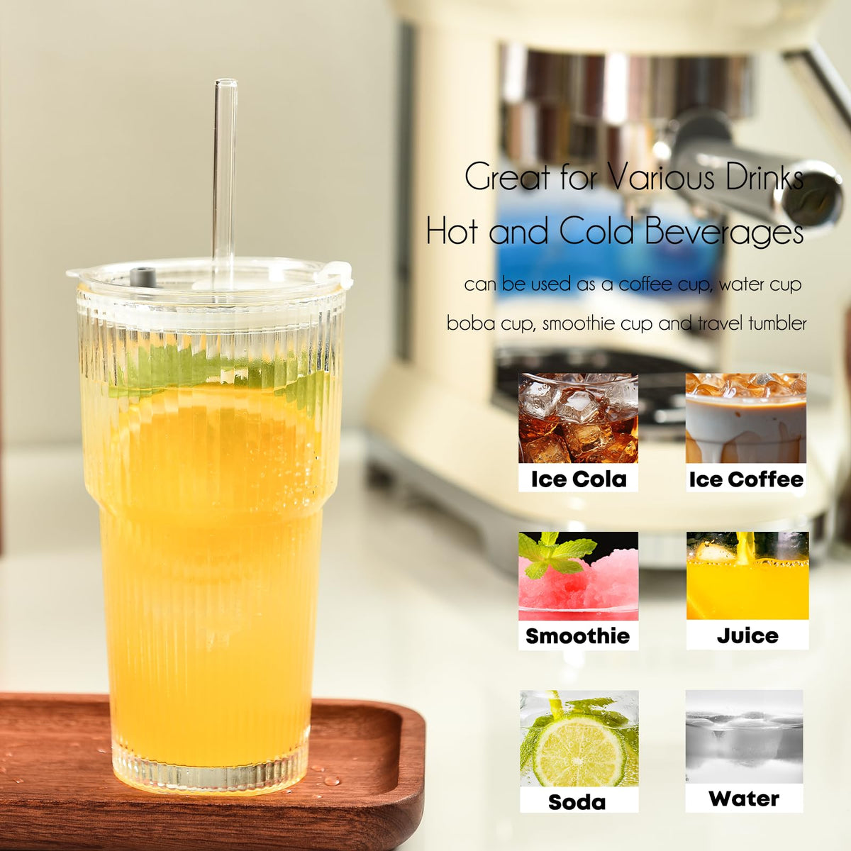 20 oz Ribbed Glass Tumbler with Lids and Straws, Pack of 2 X288