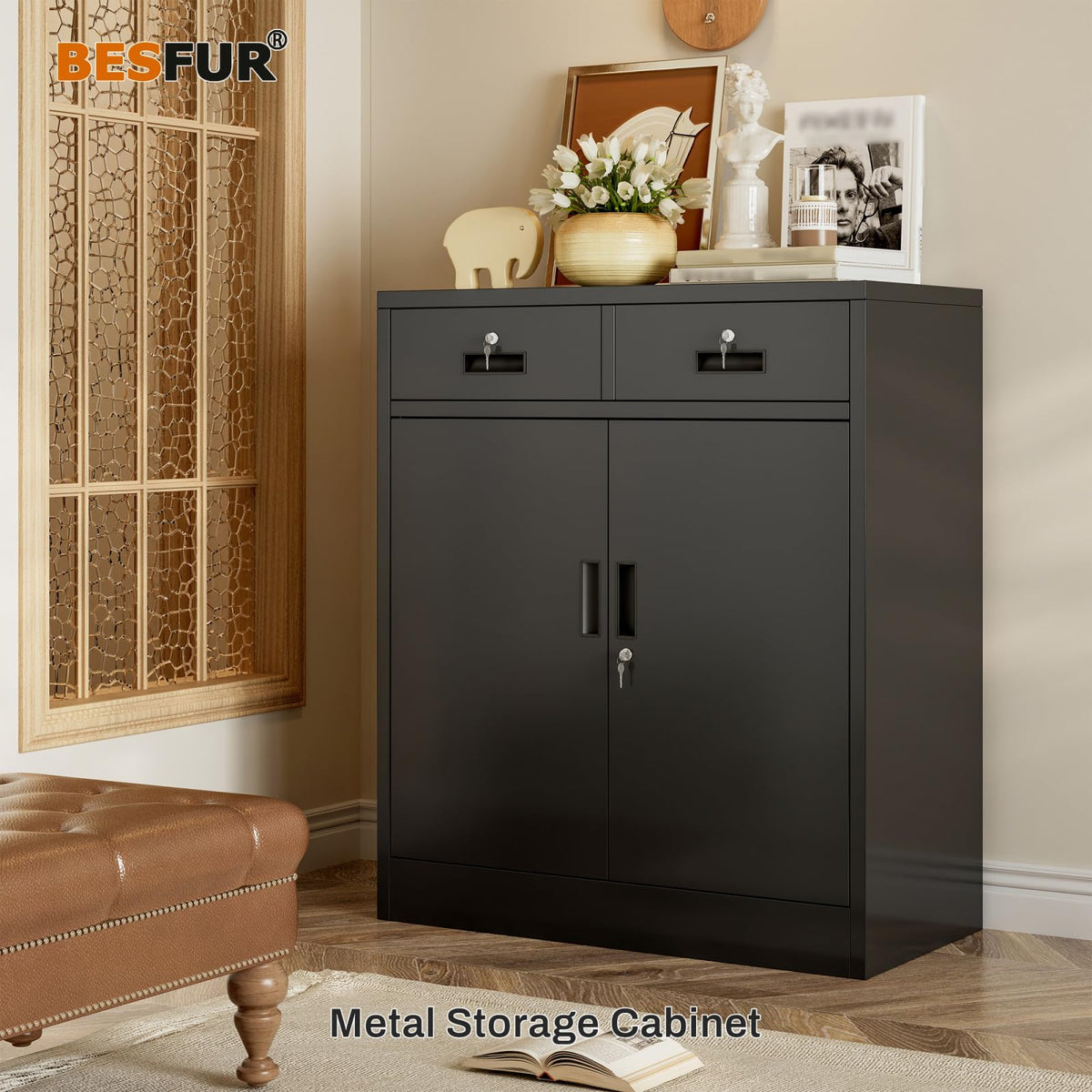 Black Metal Storage Cabinet with 2 Drawers A129851