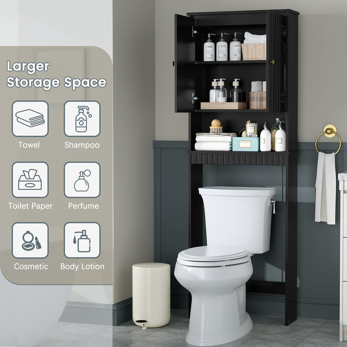 Black Over The Toilet Storage Cabinet with Adjustable Shelf B524