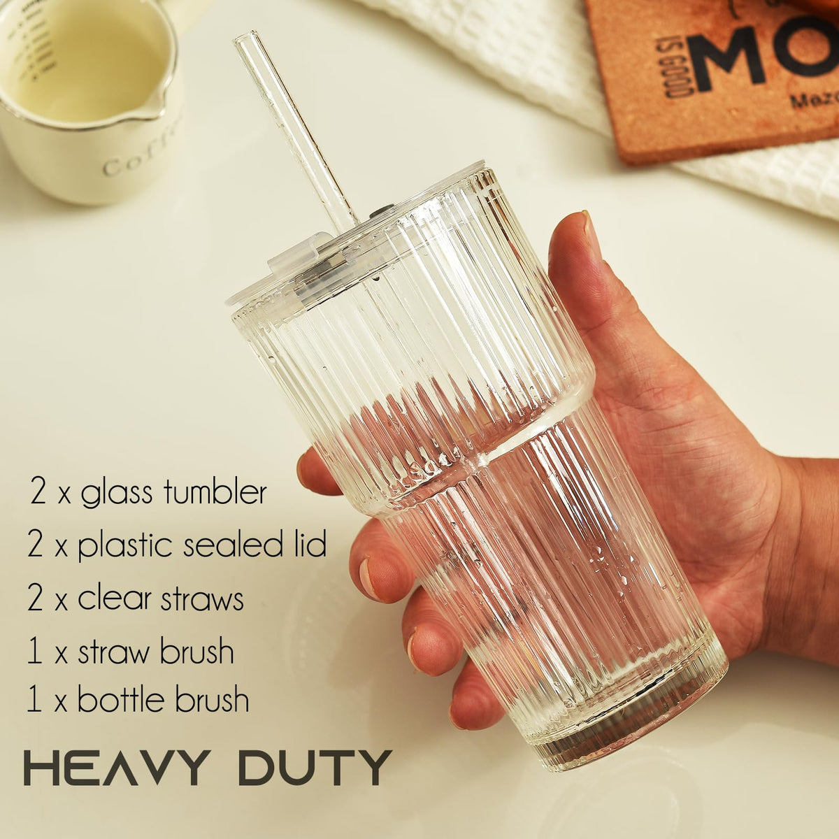 20 oz Ribbed Glass Tumbler with Lids and Straws, Pack of 2 X288