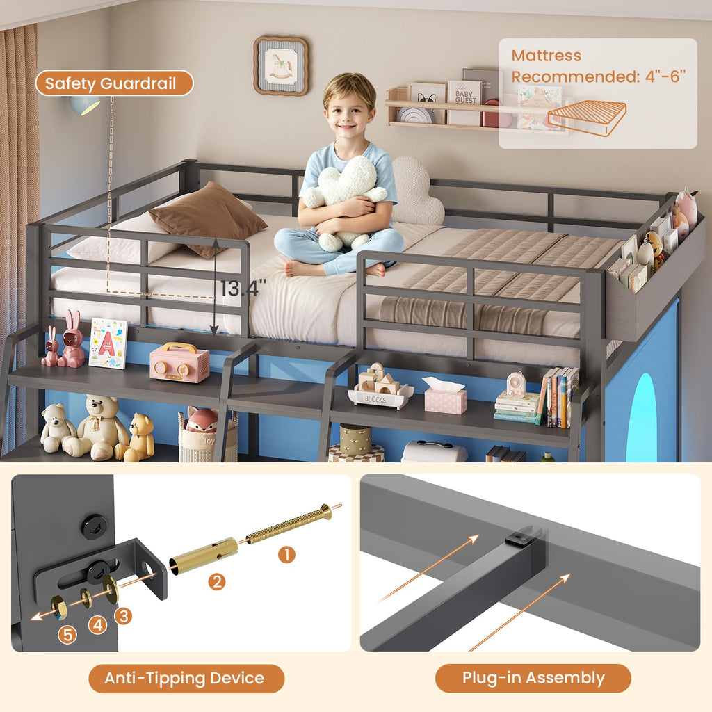 Twin Size Grey Low Loft Bed with 5 Drawers V31121
