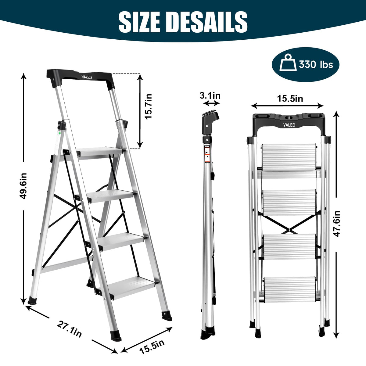 Aluminium 4 Step Ladder with Retractable Handgrip, 330 lbs Capacity, Silver S31837