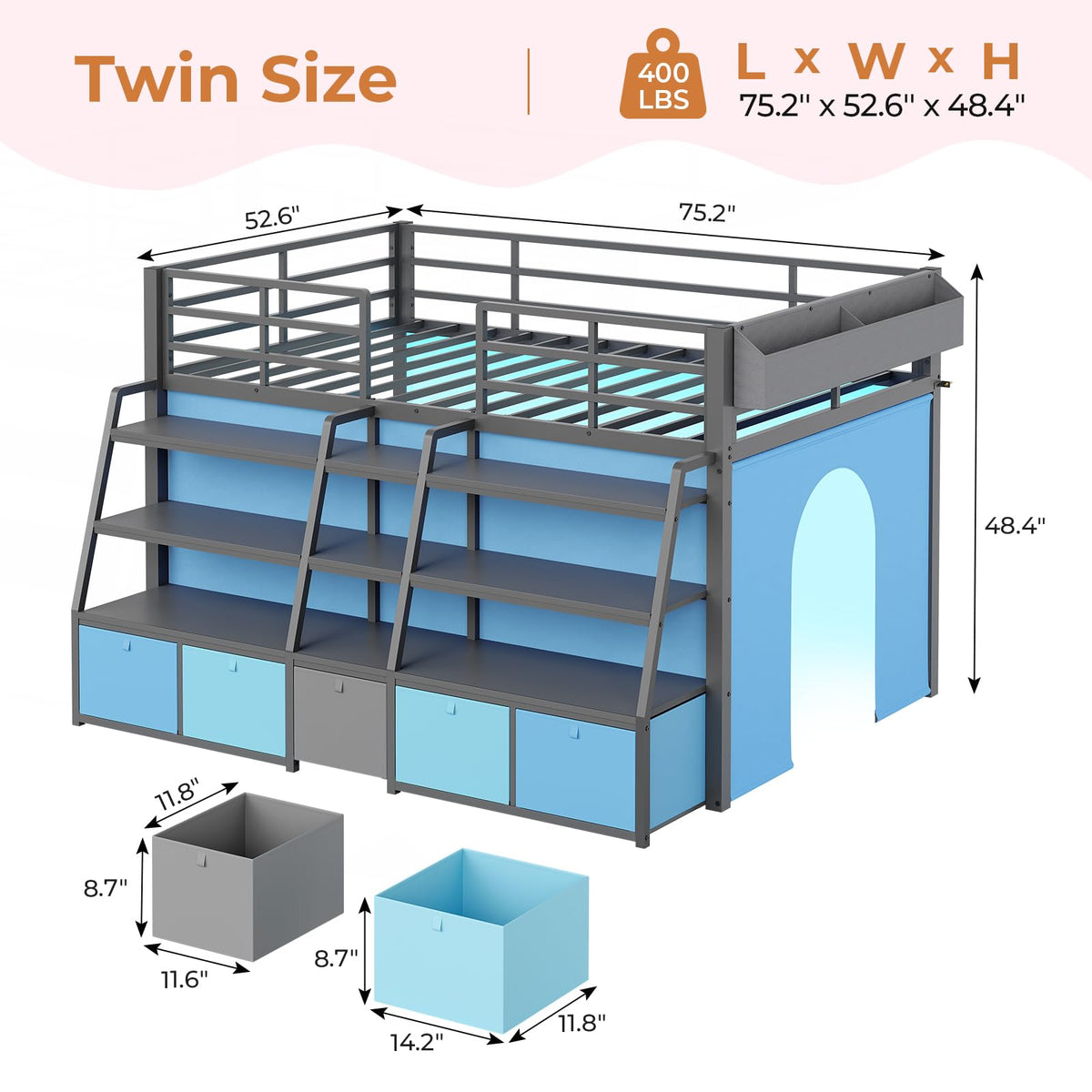 Twin Size Grey Low Loft Bed with 5 Drawers V31121