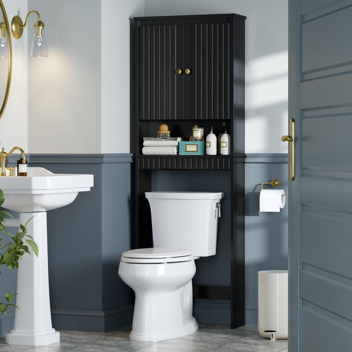 Black Over The Toilet Storage Cabinet with Adjustable Shelf B524