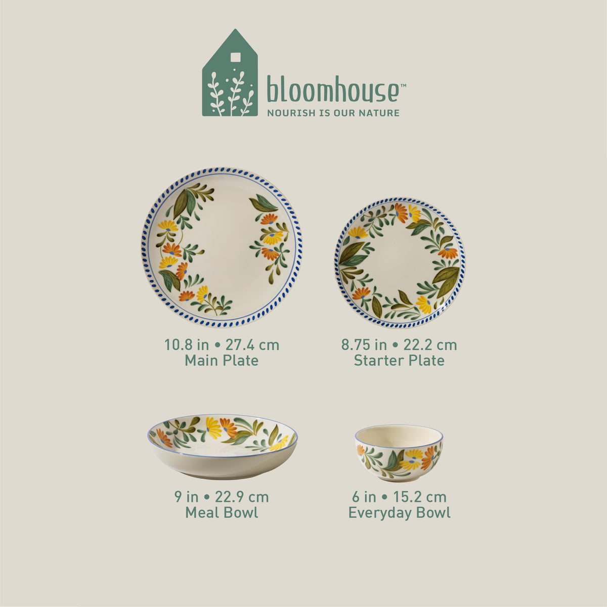 Hand Painted Stoneware Floral Dinnerware Set, Service for Four (16pcs) L340