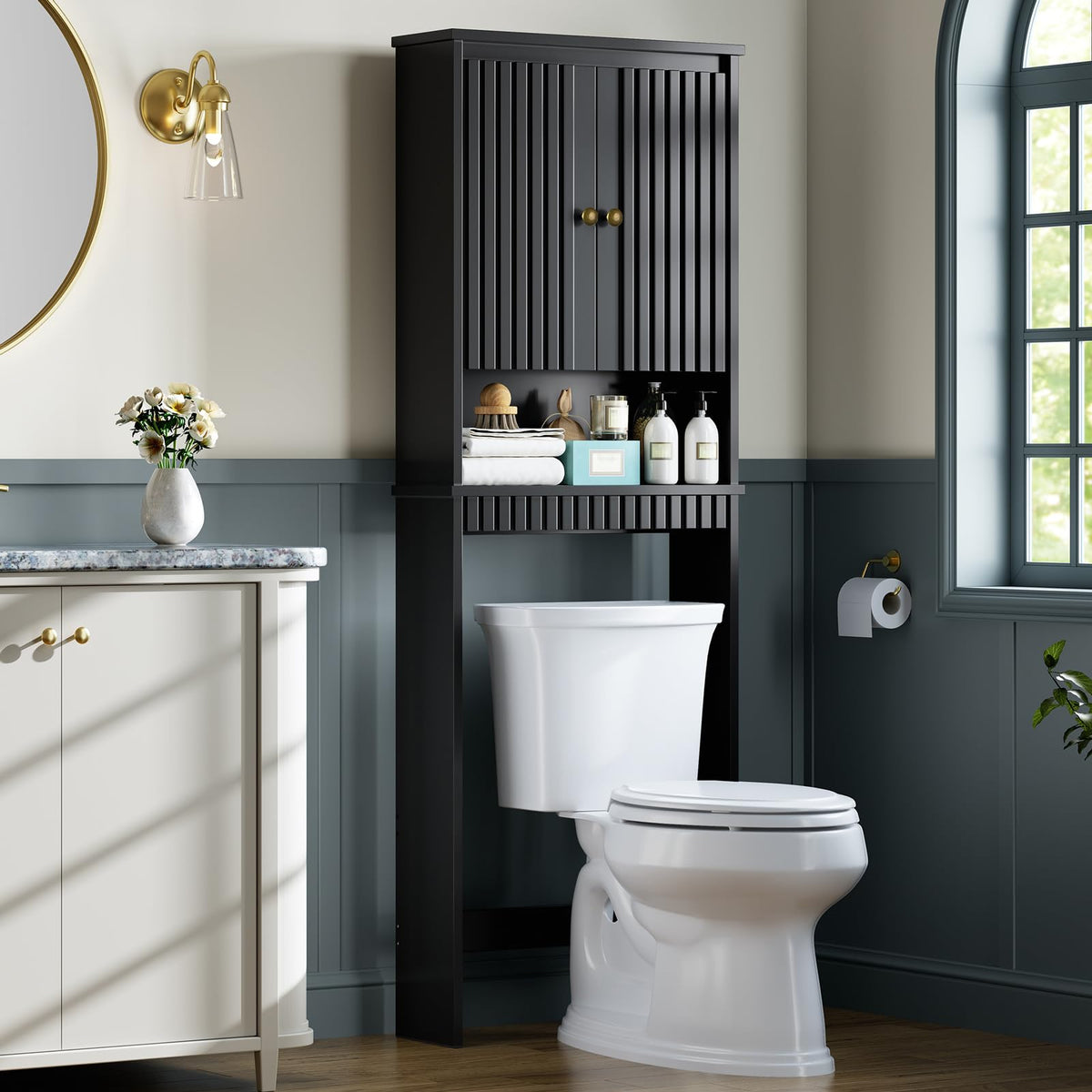 Black Over The Toilet Storage Cabinet with Adjustable Shelf B524