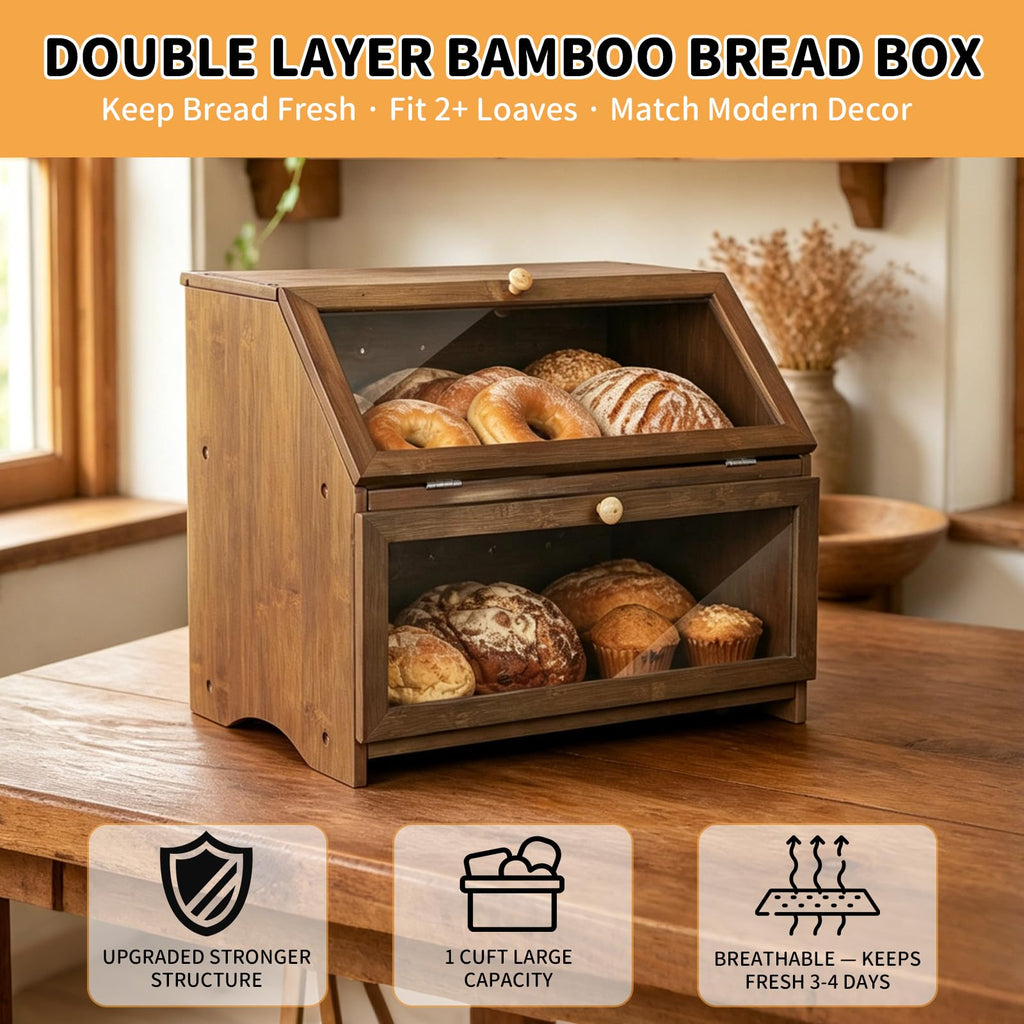 Double Layer Wooden Bread Box H958