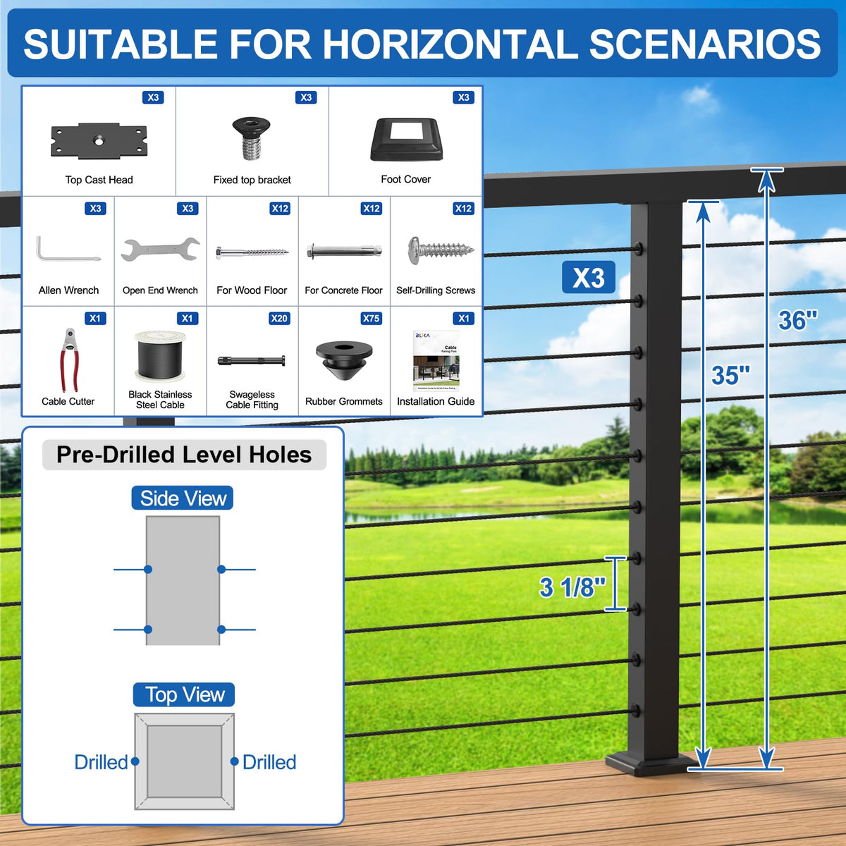 36" Cable Railing Kit with 3 Stainless Steel Black Posts M65755