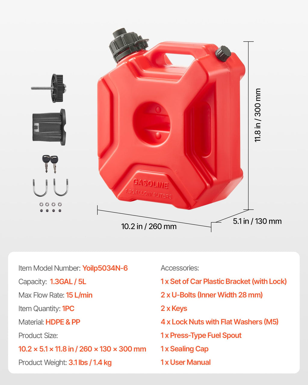 1.3 Gallon Gas Can with Spout and Lockable Bracket X8873