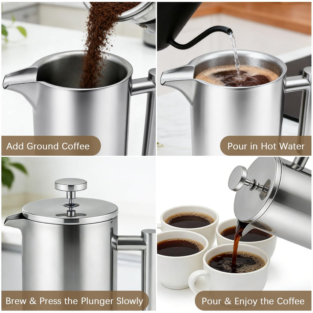 34OZ Stainless Steel French Press Coffee Maker with 2 Extra Filters P81707
