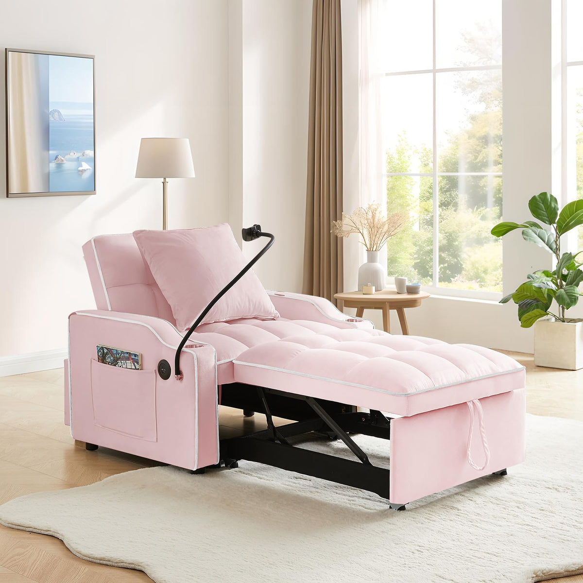 Pink Velvet Convertible Sleeper Chair Bed L7842