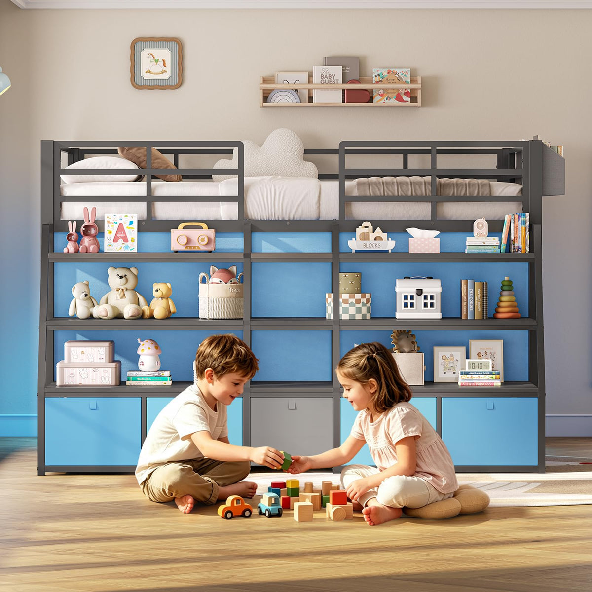 Twin Size Grey Low Loft Bed with 5 Drawers V31121