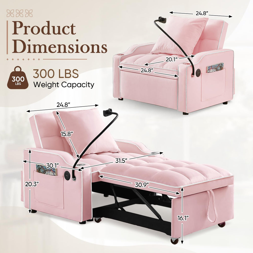 Pink Velvet Convertible Sleeper Chair Bed L7842