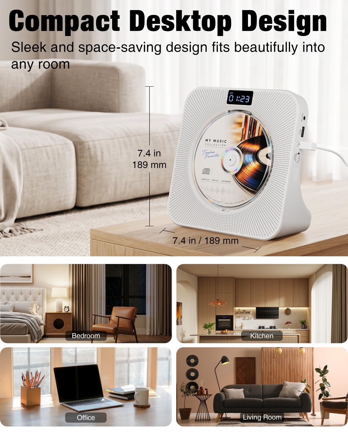 Portable CD Player with Bluetooth FM Radio USB White B87775