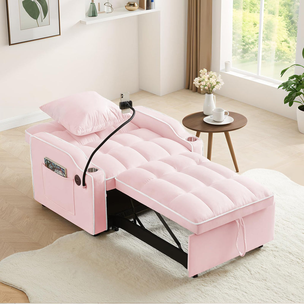 Pink Velvet Convertible Sleeper Chair Bed L7842