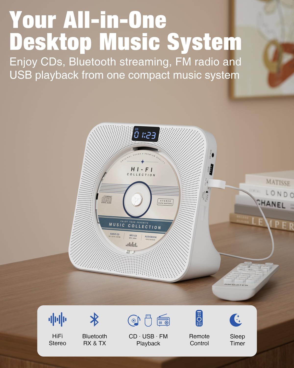 Portable CD Player with Bluetooth FM Radio USB White B87775
