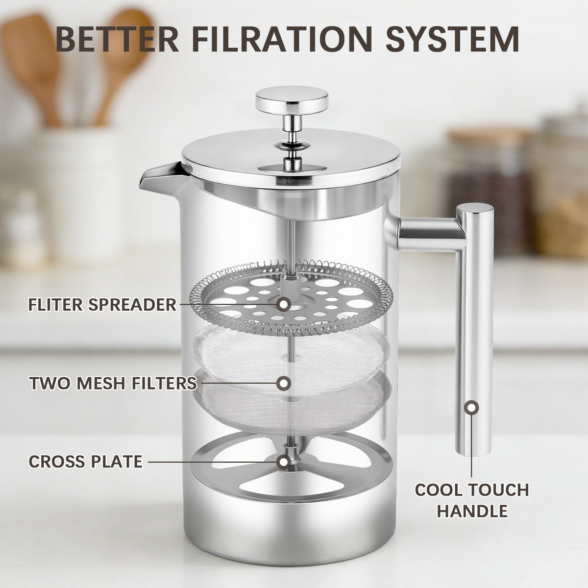 34OZ Stainless Steel French Press Coffee Maker with 2 Extra Filters P81707