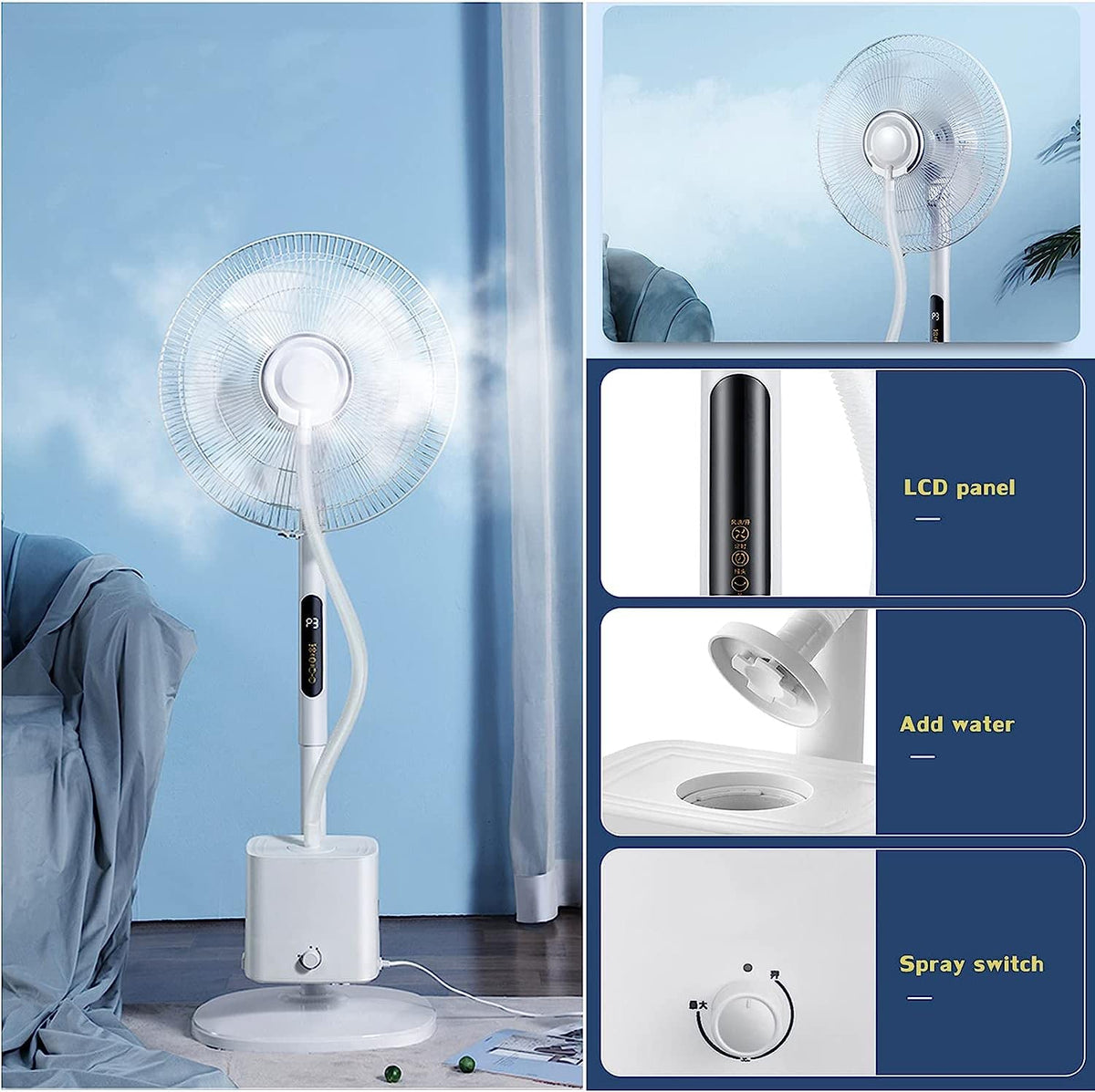 Oscillating Misting Pedestal Fan with Remote Control, 3-Speed, 16-inch, White T9383